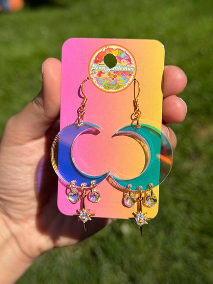 Celestial Gemstone Dangly Moon Acrylic Earrings