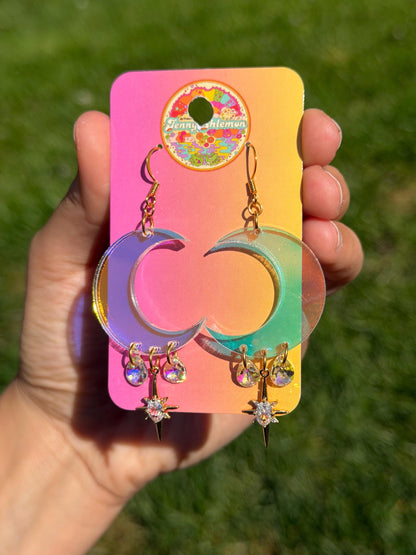 Celestial Gemstone Dangly Moon Acrylic Earrings
