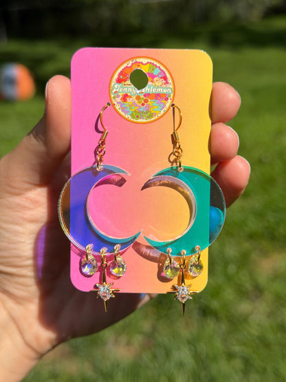 Celestial Gemstone Dangly Moon Acrylic Earrings