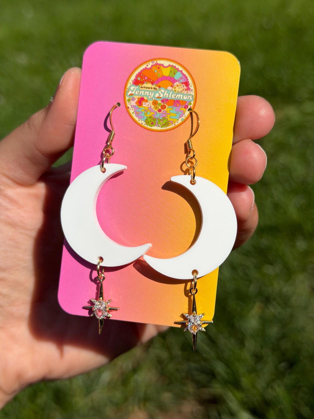 Gemstone Dangly Moon Acrylic Earrings