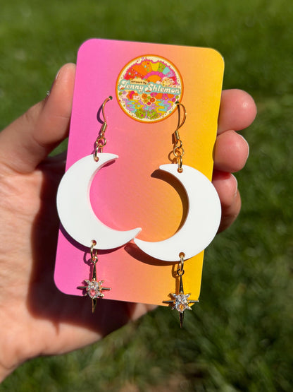 Gemstone Dangly Moon Acrylic Earrings