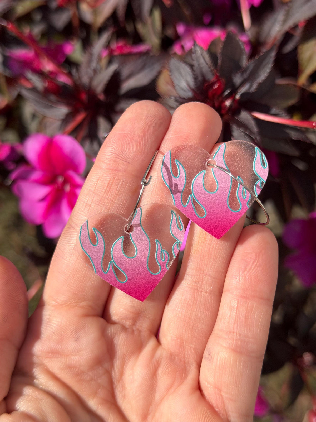 Pink/Blue Gradient Flame Heart Hoop Earrings