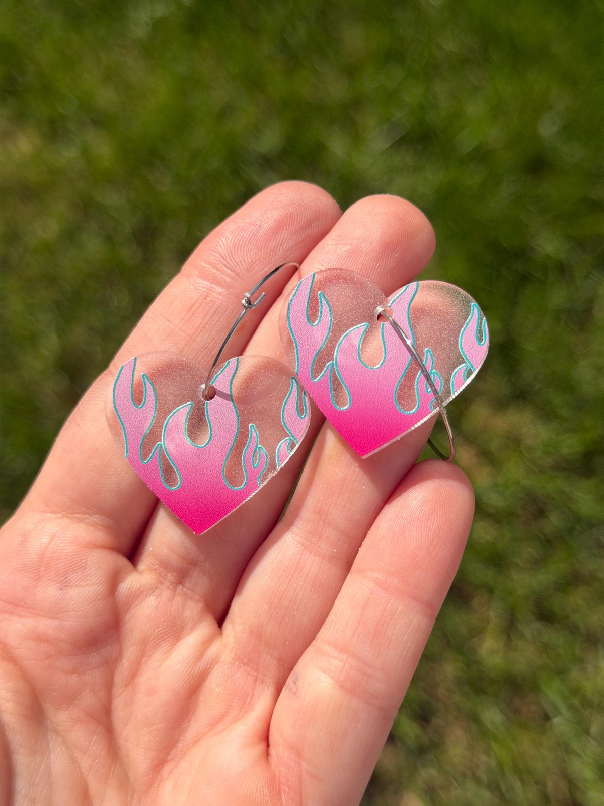 Pink/Blue Gradient Flame Heart Hoop Earrings