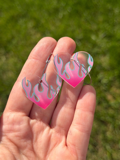 Pink/Blue Gradient Flame Heart Hoop Earrings