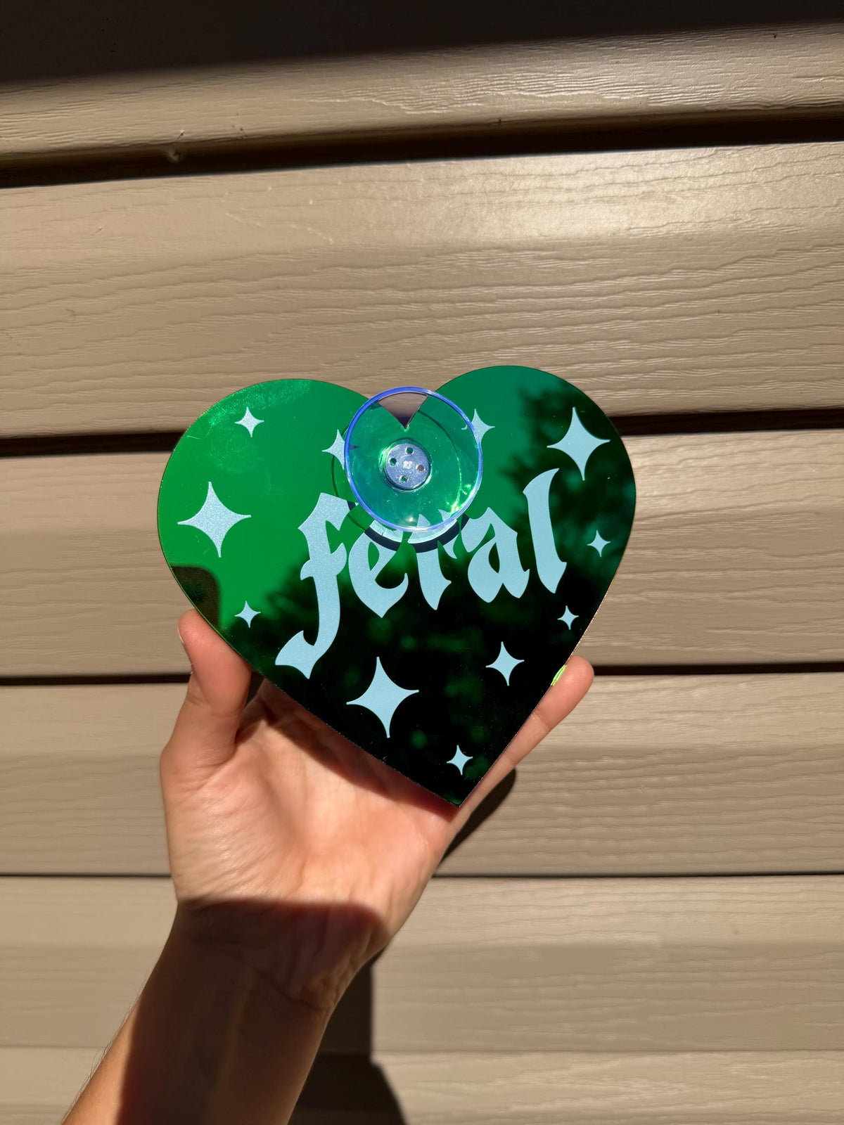 Acrylic Car Sign: Goth Feral – Heart Shape Dark Iridescent Green Colorshift