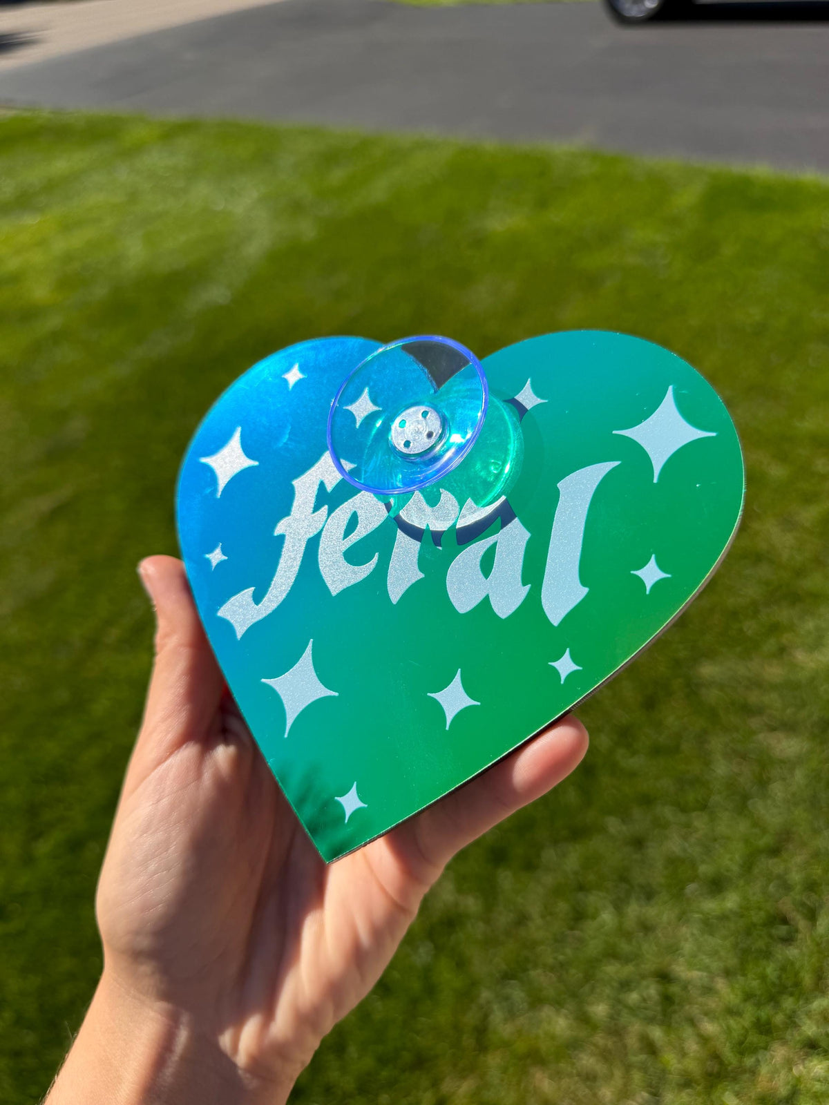 Acrylic Car Sign: Goth Feral – Heart Shape Dark Iridescent Green Colorshift