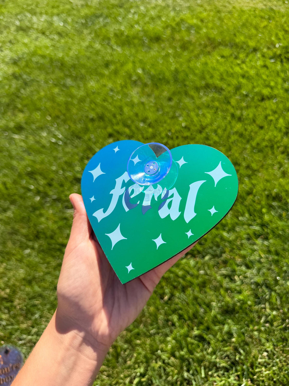 Acrylic Car Sign: Goth Feral – Heart Shape Dark Iridescent Green Colorshift