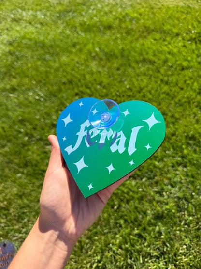 Acrylic Car Sign: Goth Feral – Heart Shape Dark Iridescent Green Colorshift
