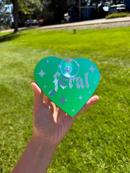 Acrylic Car Sign: Goth Feral – Heart Shape Dark Iridescent Green Colorshift