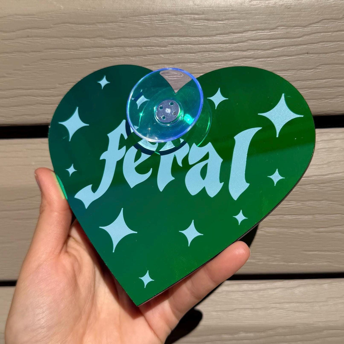 Acrylic Car Sign: Goth Feral – Heart Shape Dark Iridescent Green Colorshift