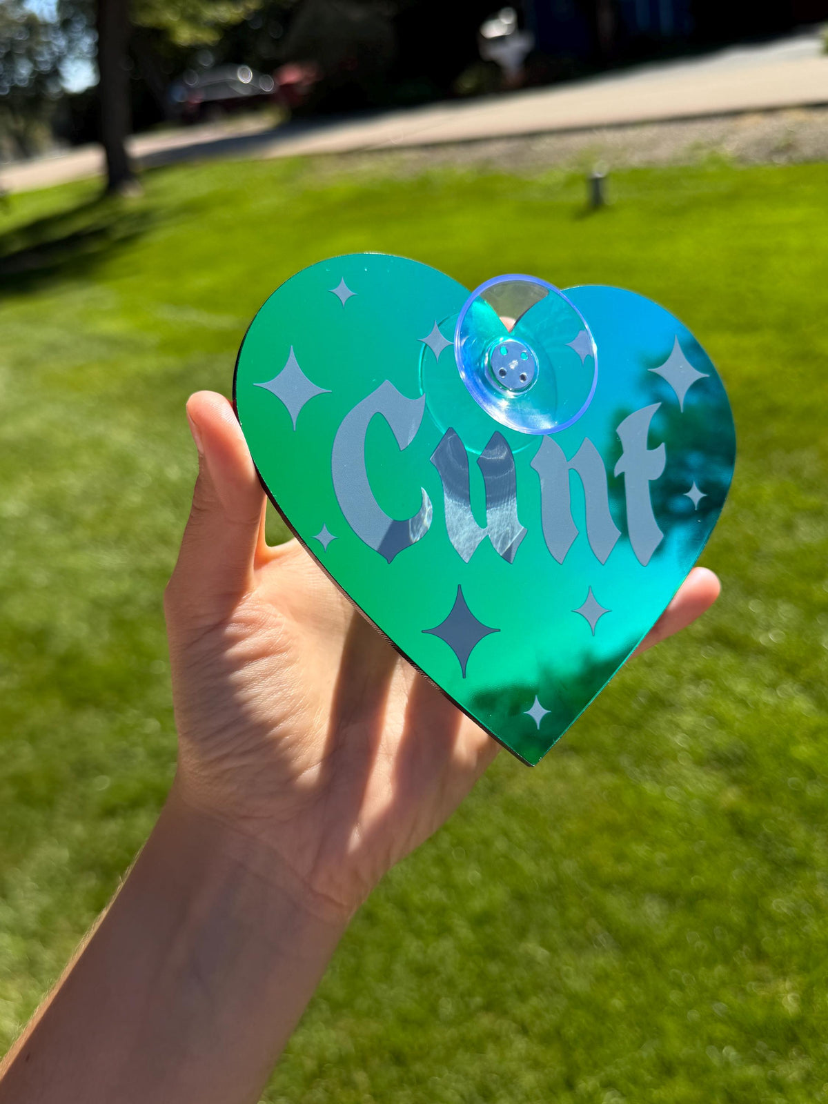 Acrylic Car Sign: Goth C*nt – Heart Shape Dark Iridescent Green Colorshift
