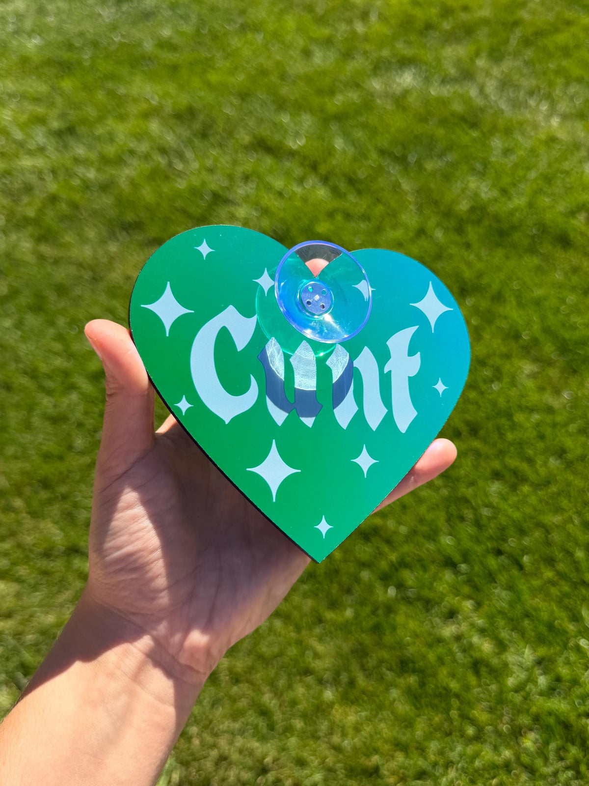 Acrylic Car Sign: Goth C*nt – Heart Shape Dark Iridescent Green Colorshift