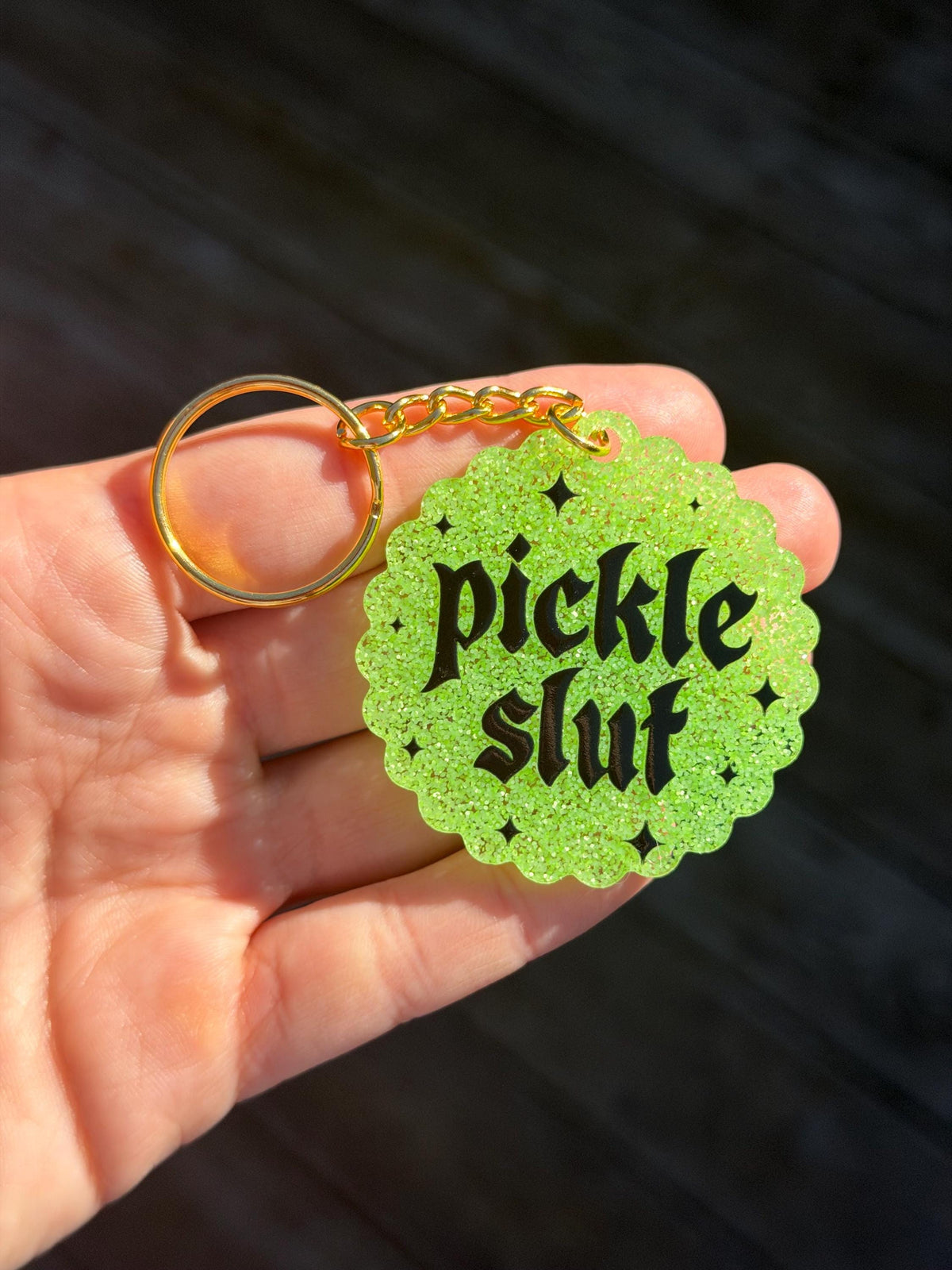 Glittery Green Pickle Slut Scalloped Acrylic Keychain (B Grade)