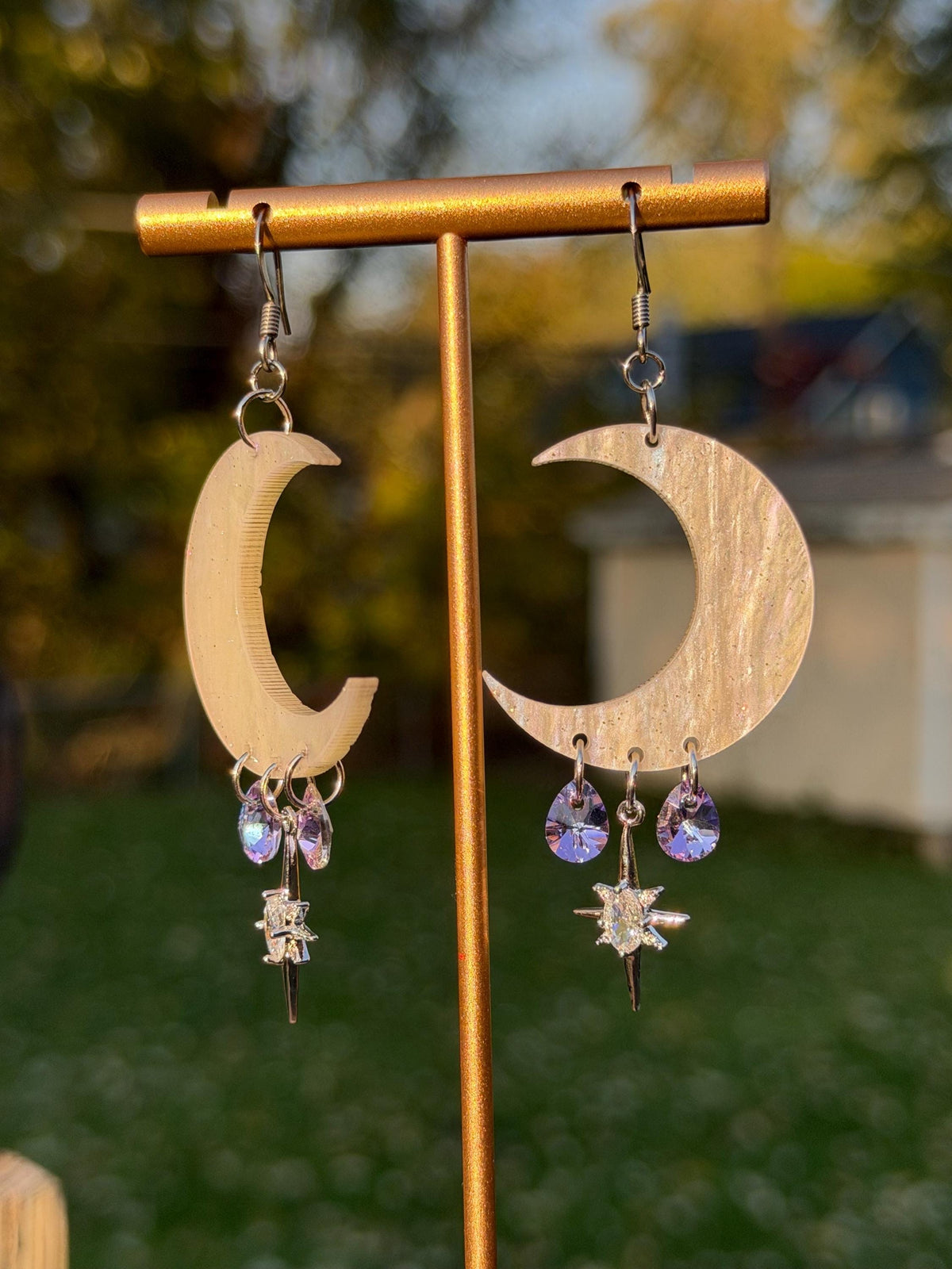 White Celestial Gemstone Dangly Moon Acrylic Earrings