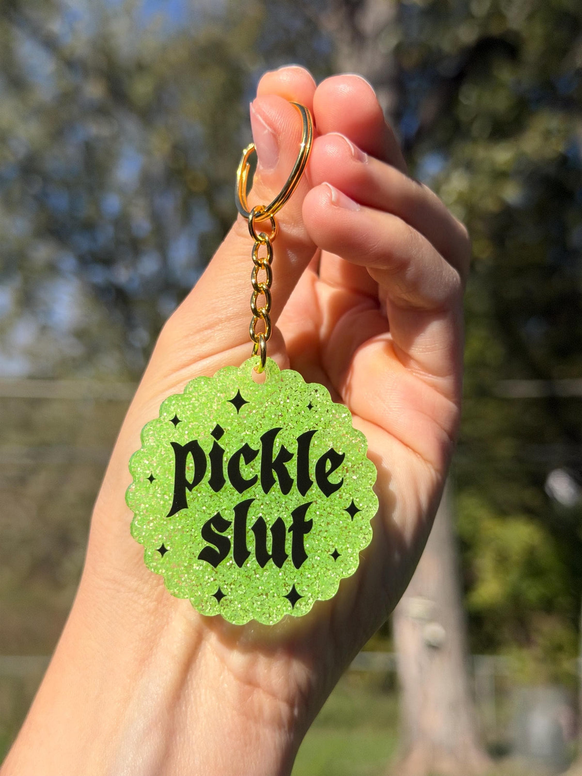 Glittery Green Pickle Slut Scalloped Acrylic Keychain (B Grade)