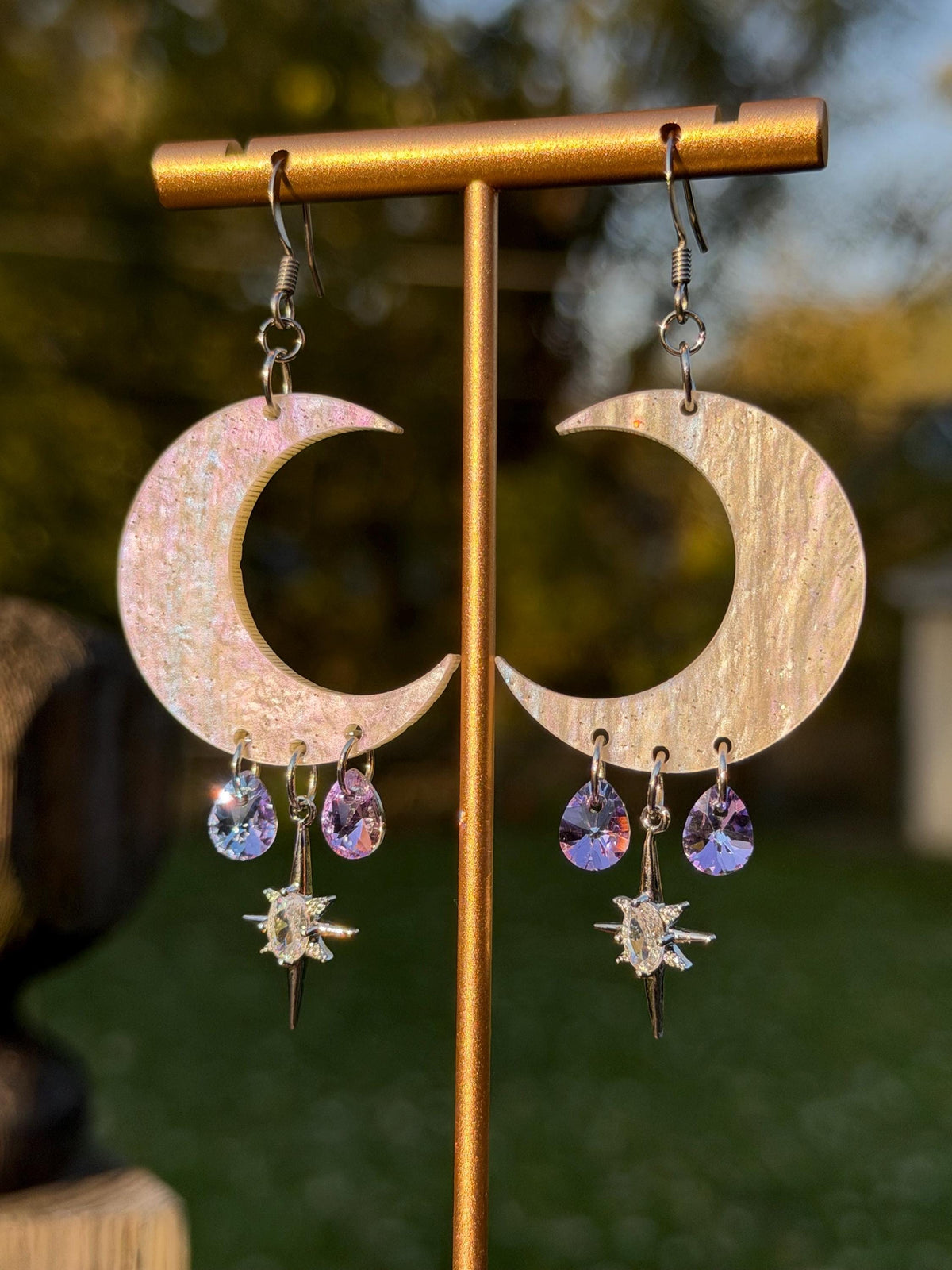 White Celestial Gemstone Dangly Moon Acrylic Earrings