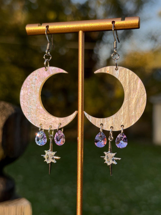 White Celestial Gemstone Dangly Moon Acrylic Earrings