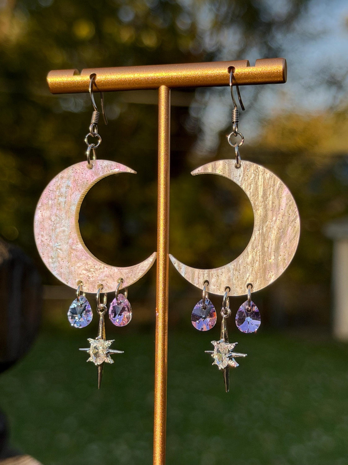 White Celestial Gemstone Dangly Moon Acrylic Earrings
