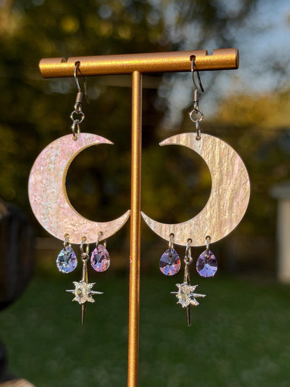 White Celestial Gemstone Dangly Moon Acrylic Earrings