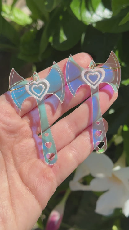 Iridescent Double Heart Axe Earrings