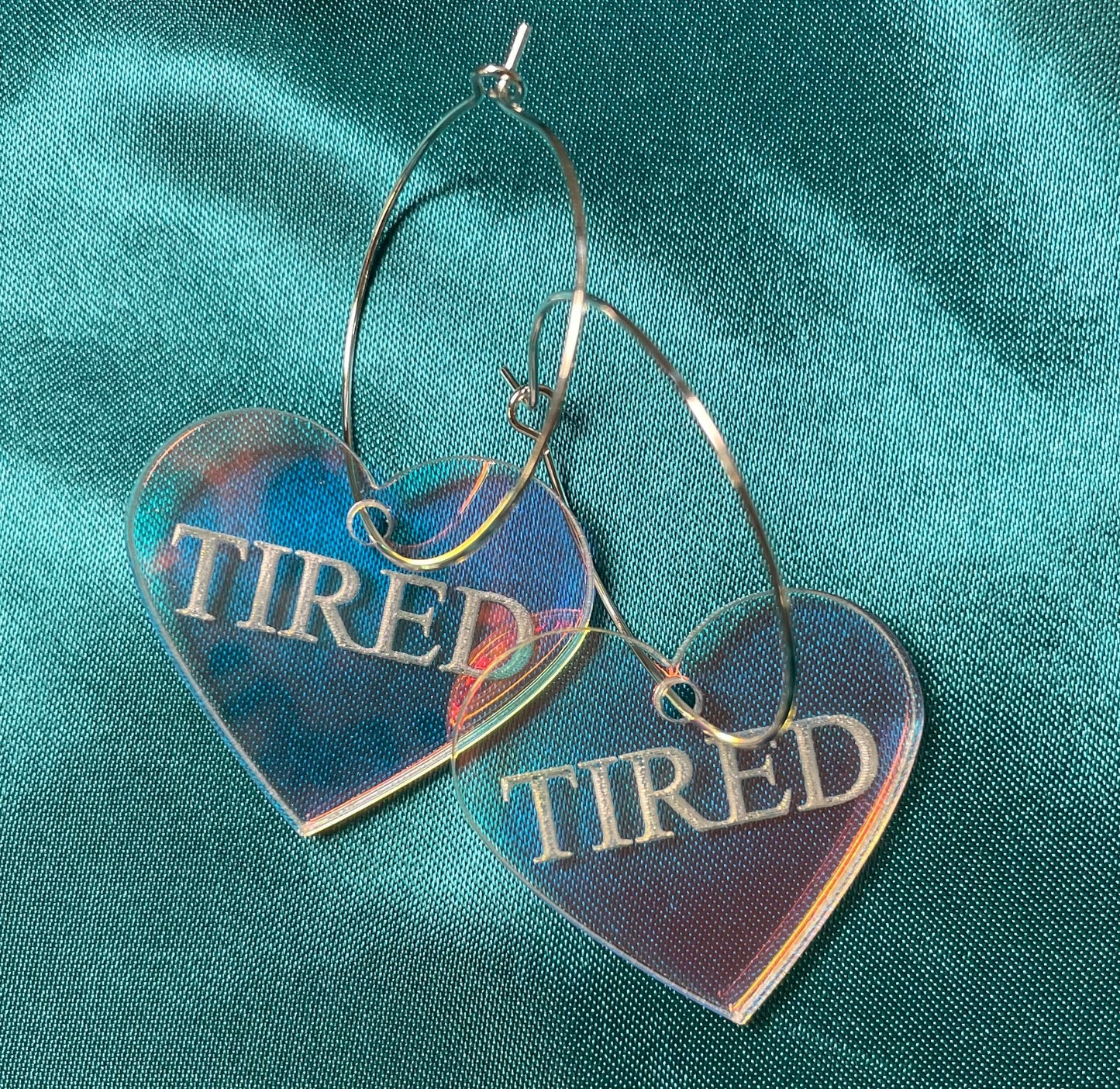 Iridescent Acrylic TIRED Heart Hoop Earrings
