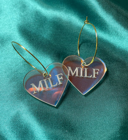 Iridescent MILF Heart Hoop Earrings