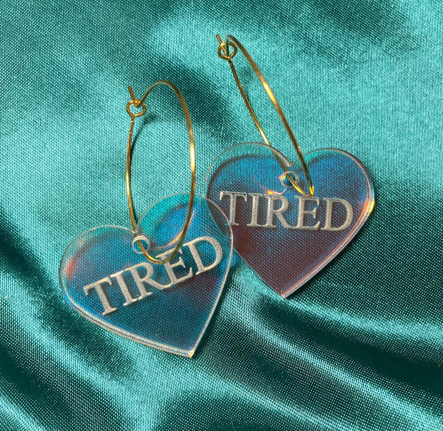 Iridescent Acrylic TIRED Heart Hoop Earrings