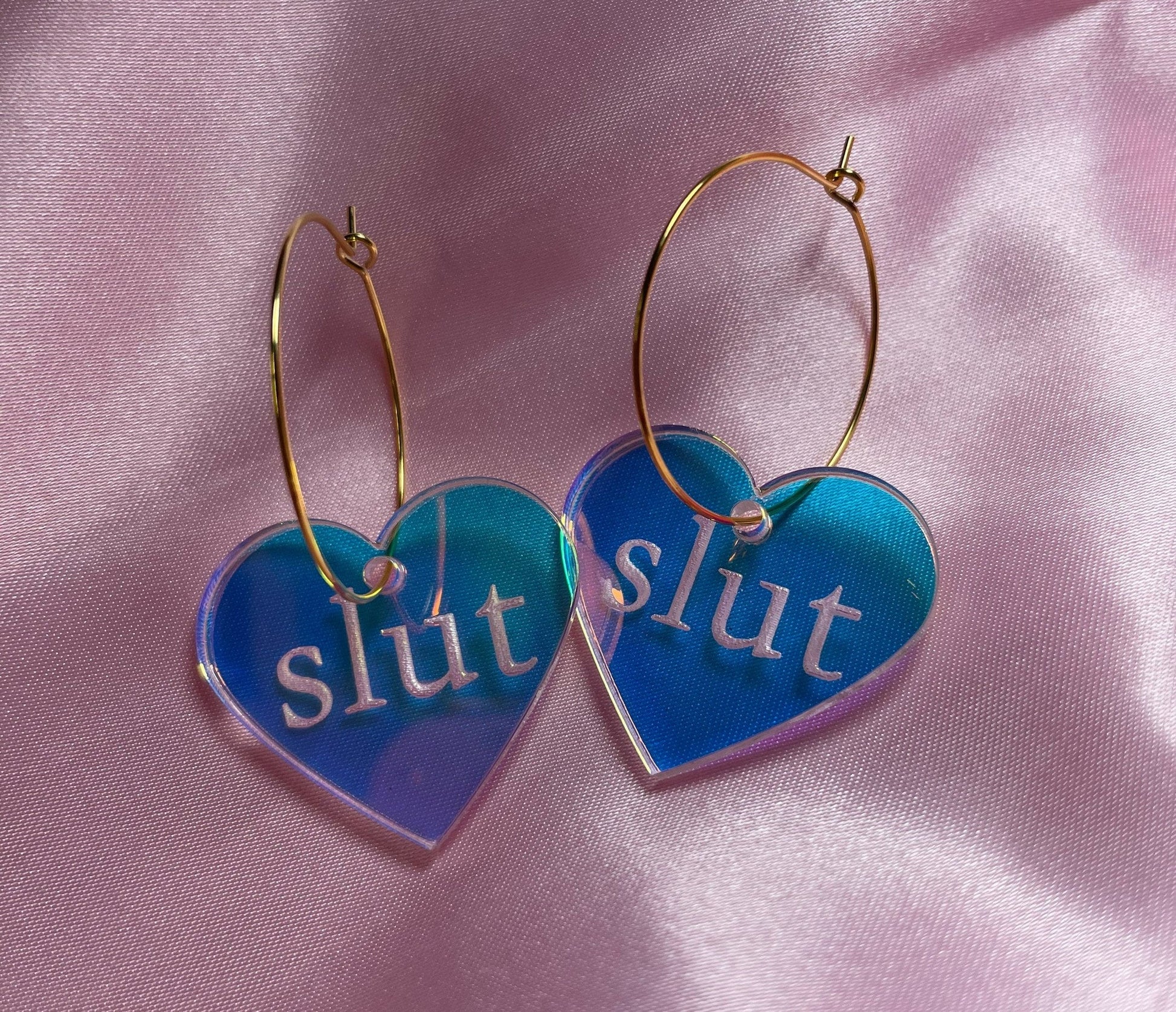 Iridescent Slut Heart Hoop Earrings