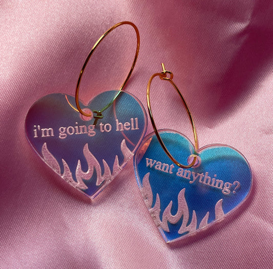 Iridescent I’m Going to Hell Want Anything? Heart Hoop Earrings