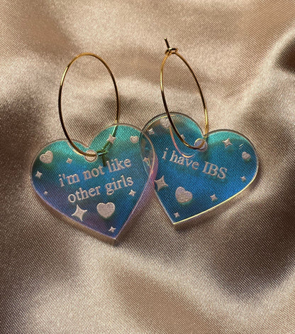 Iridescent I’m Not Like Other Girls I have IBS Heart Hoop Earrings