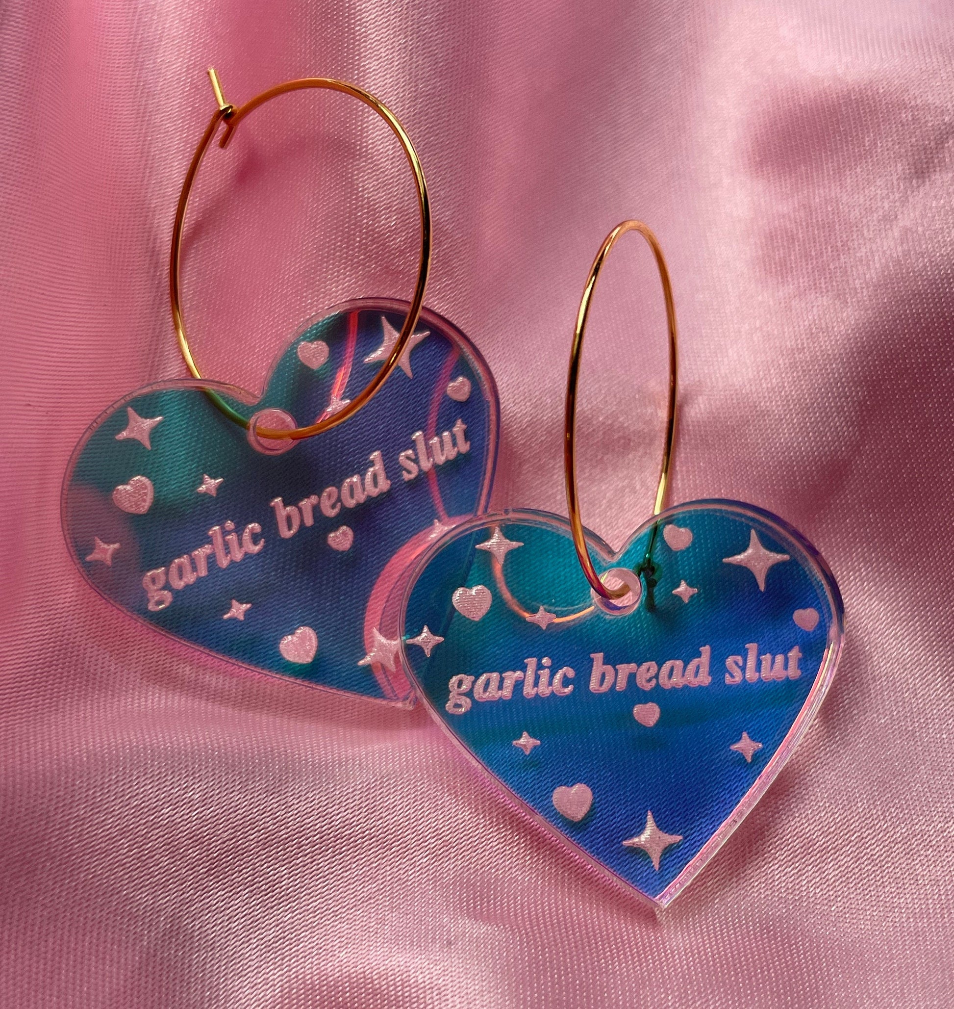 Iridescent Garlic Bread Slut Heart Hoop Earrings