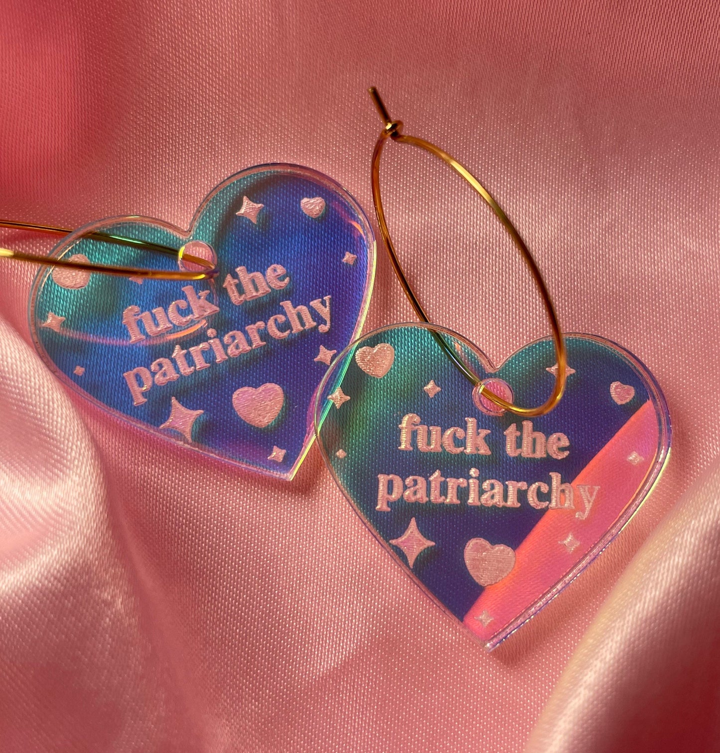 Iridescent Fuck The Patriarchy Heart Hoop Earrings