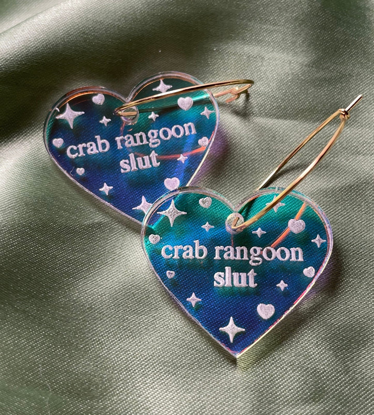 Iridescent Crab Rangoon Slut Heart Hoop Earrings
