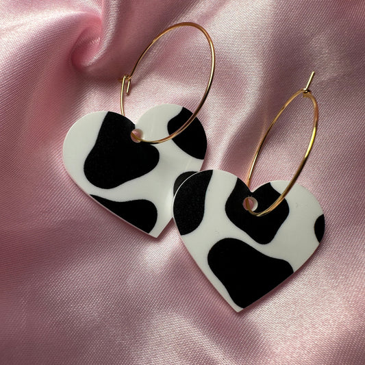 Cow Print Heart Acrylic Earrings