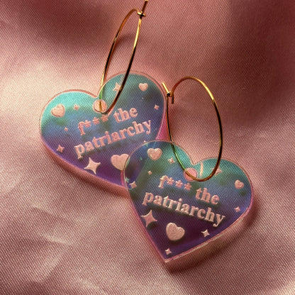 Iridescent Fuck The Patriarchy Heart Hoop Earrings - CENSORED SFW
