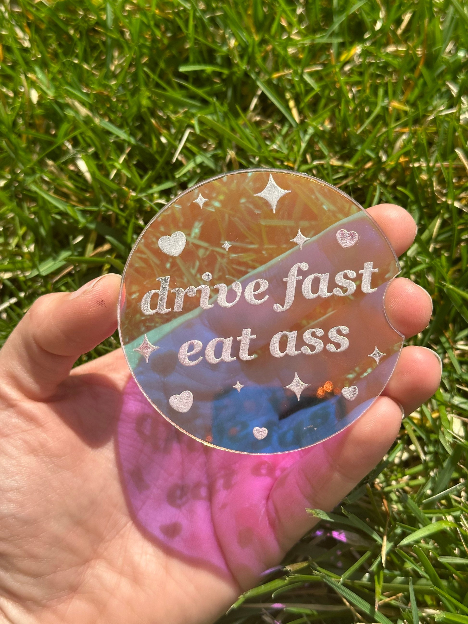 3 Inch Iridescent Car Coaster (Set of 2) - Drive Fast Eat Ass