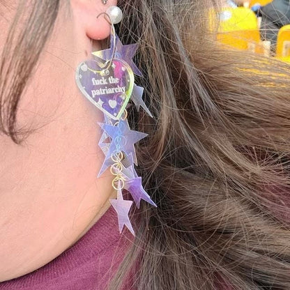 Iridescent Fuck The Patriarchy Heart Hoop Earrings