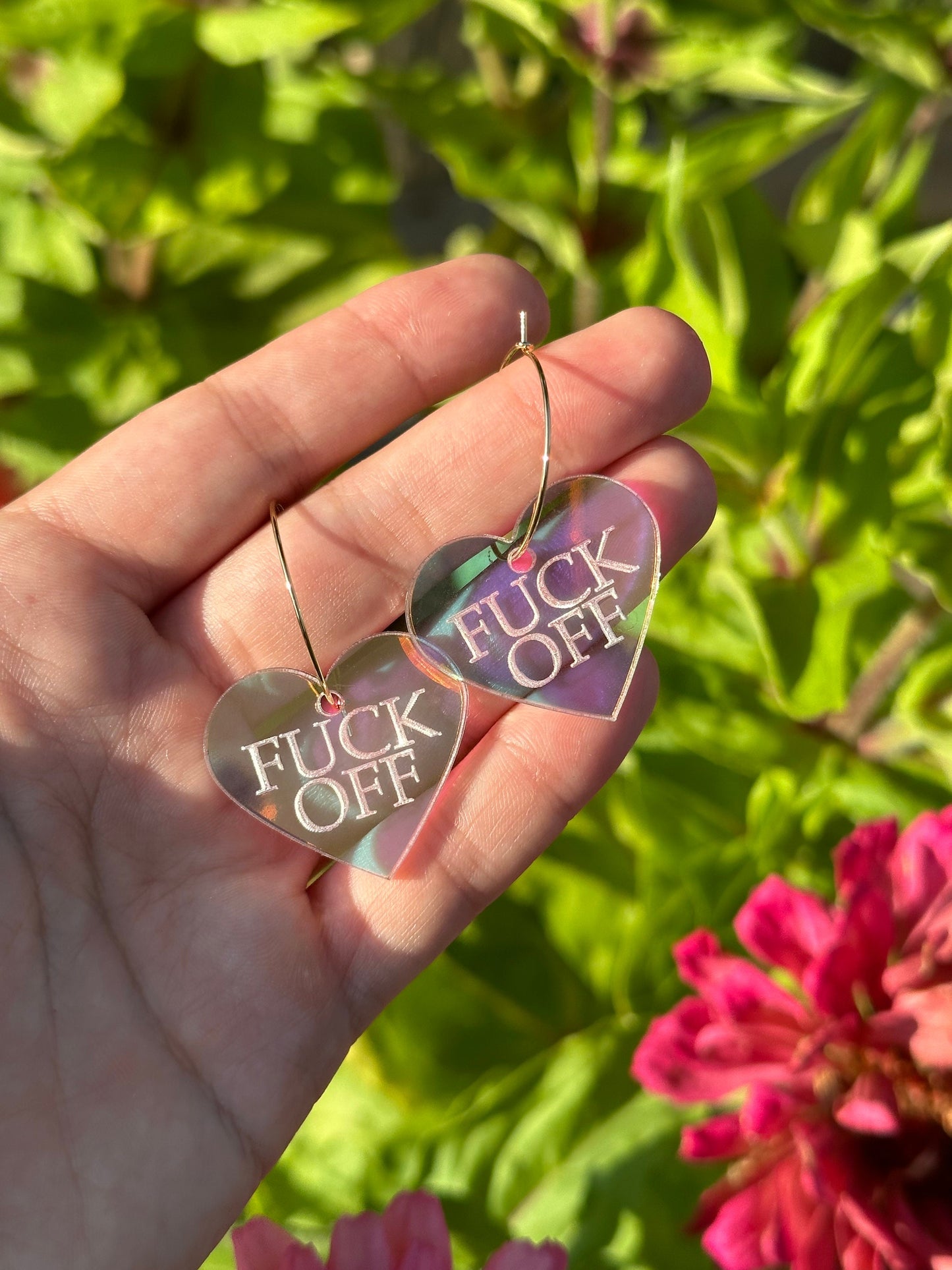 Fuck Off Iridescent Heart Hoop Earrings