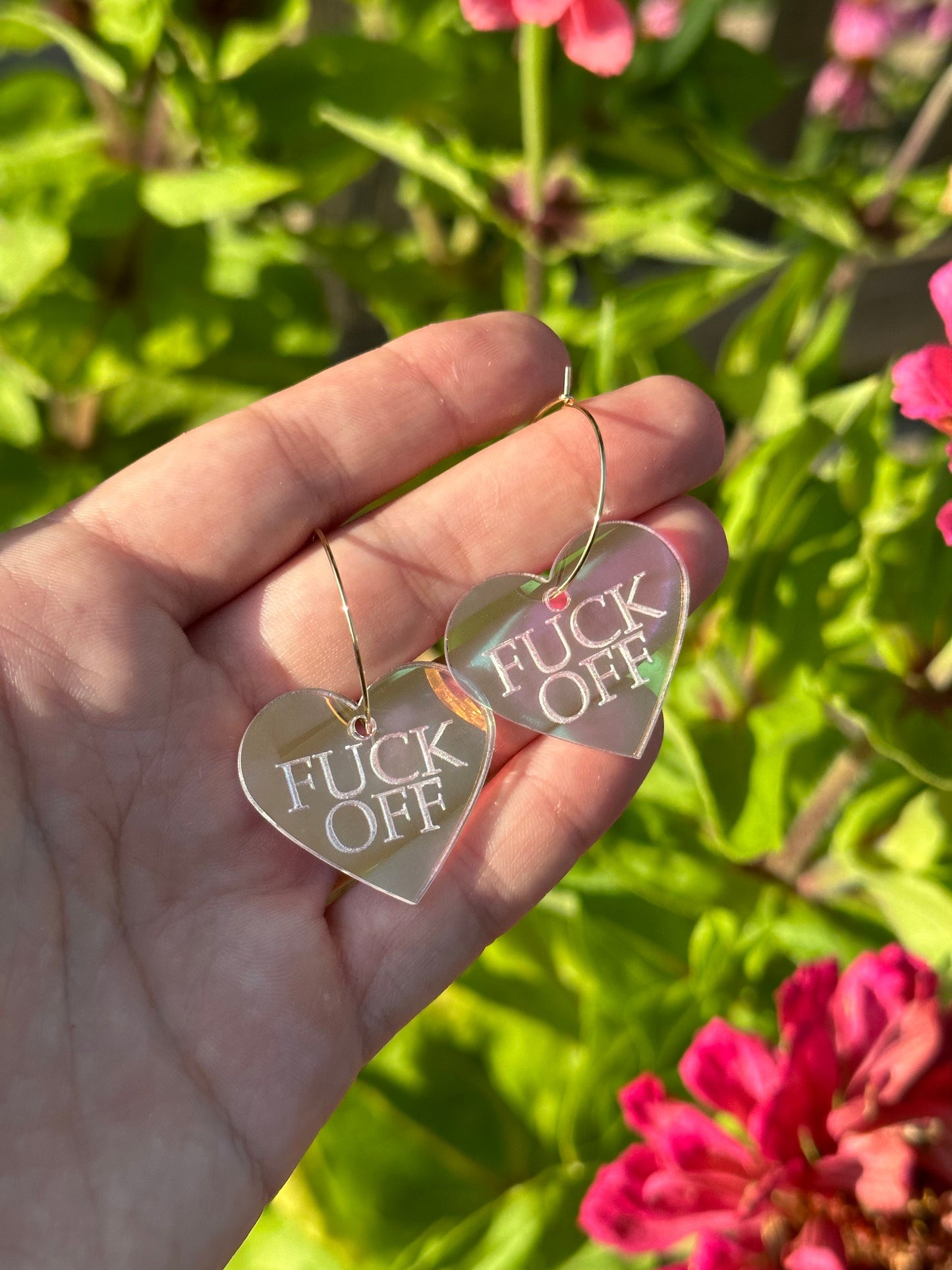 Fuck Off Iridescent Heart Hoop Earrings