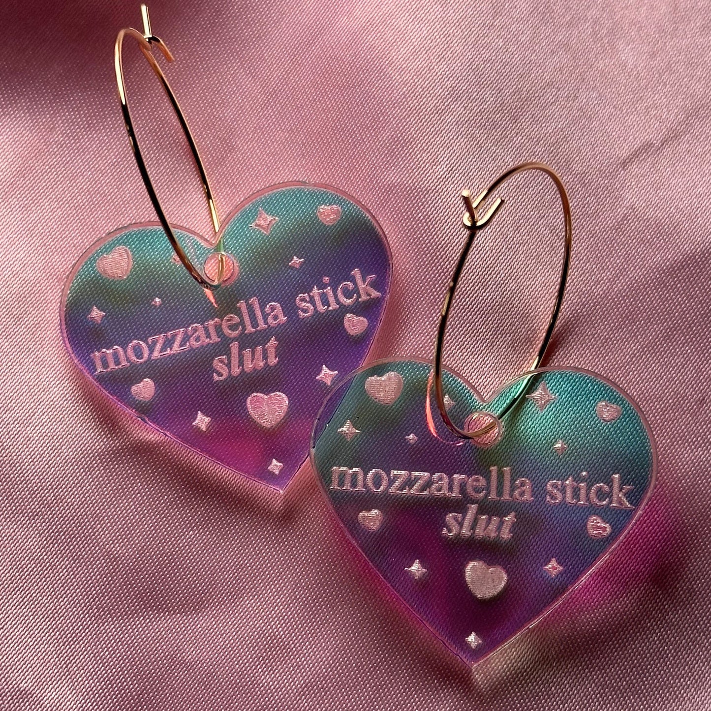 Iridescent Mozzarella Stick Slut Heart Hoop Earrings