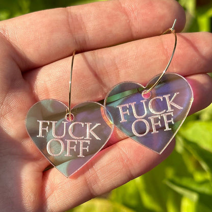 Fuck Off Iridescent Heart Hoop Earrings
