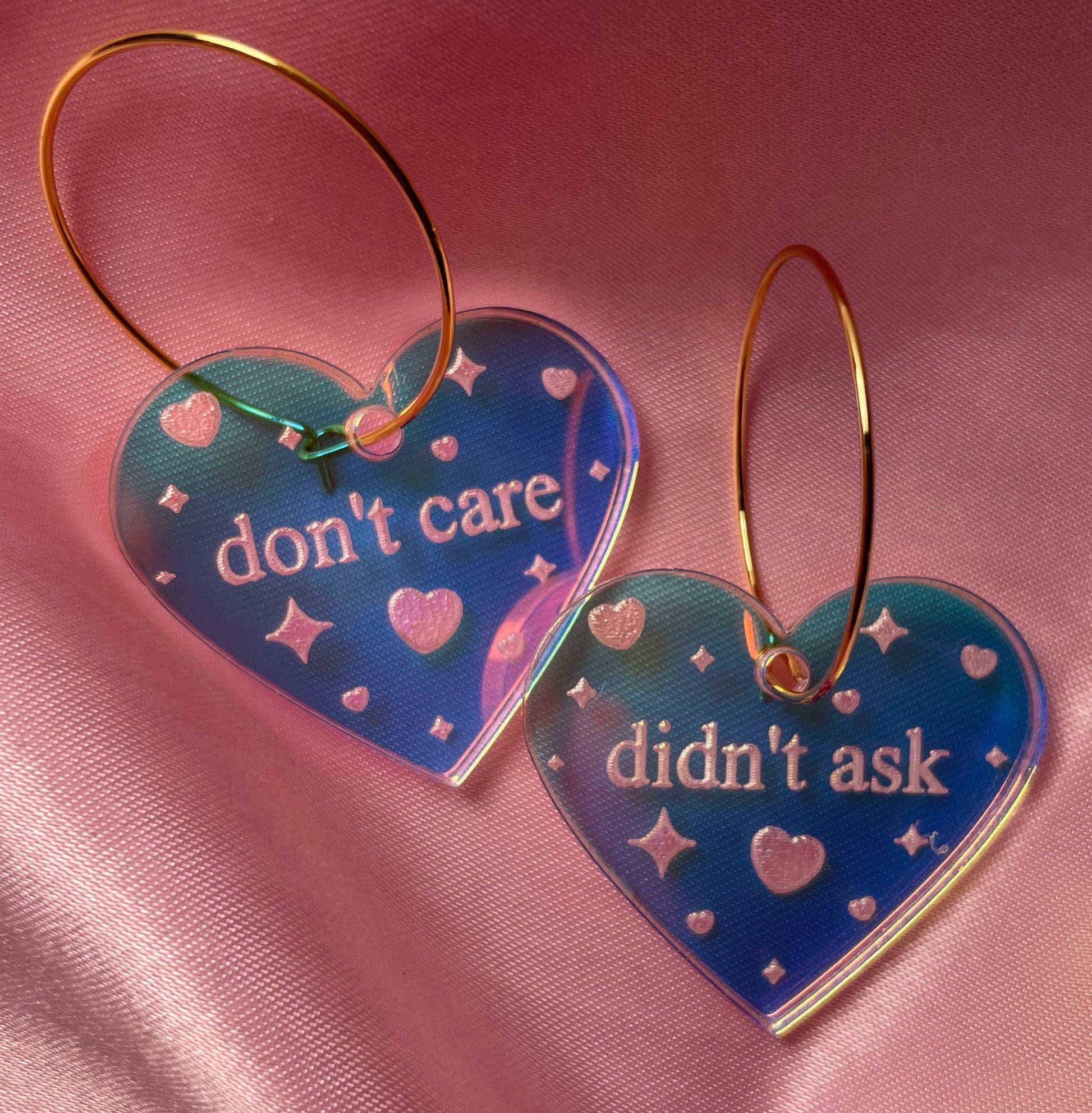 Iridescent Don’t Care Didn’t Ask Heart Hoop Earrings