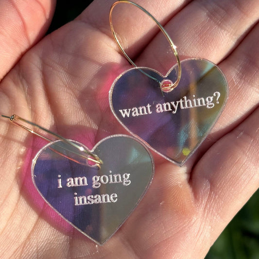 Iridescent I’m Going Insane Want Anything? Heart Hoop Earrings